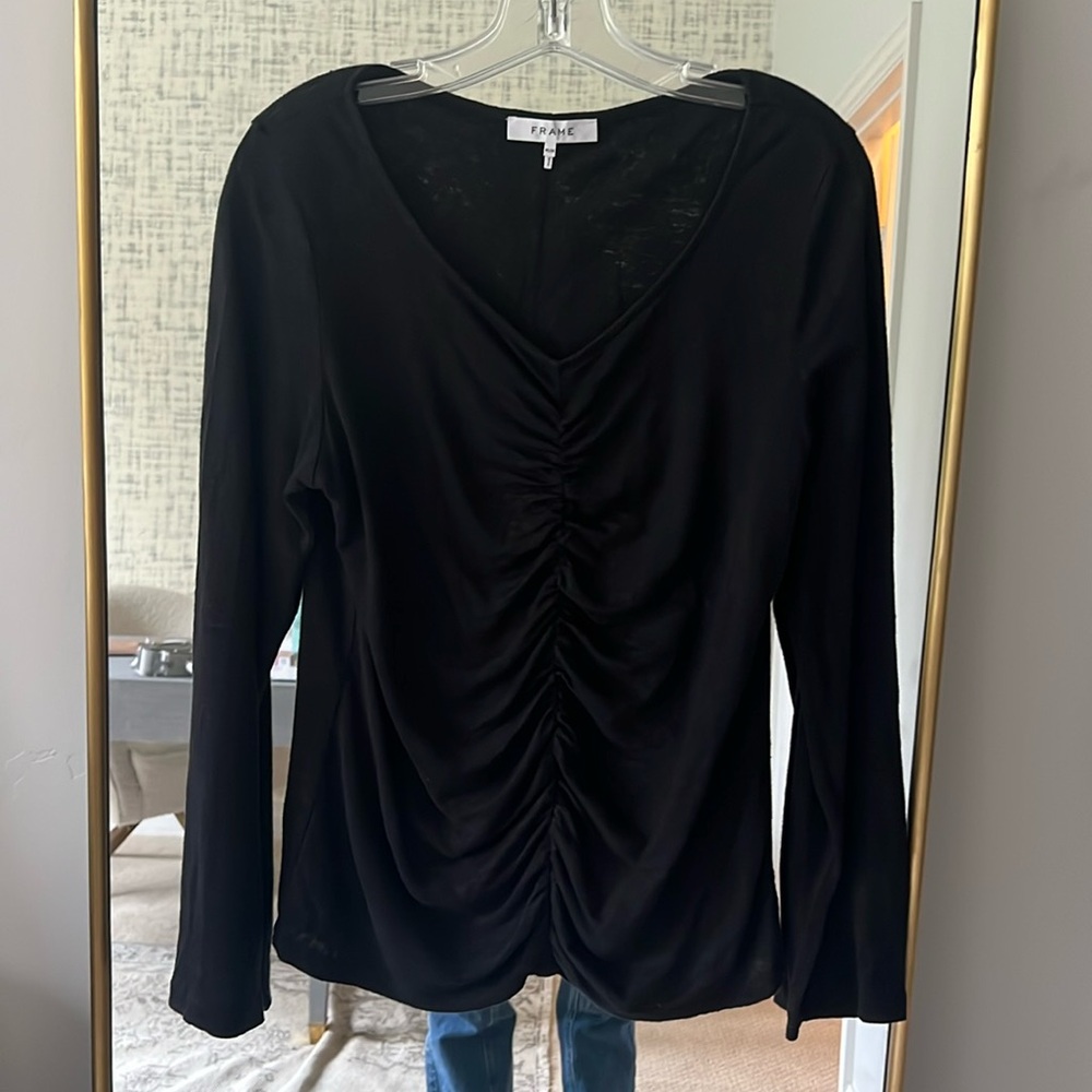 Frame linen black gathered long sleeve tee